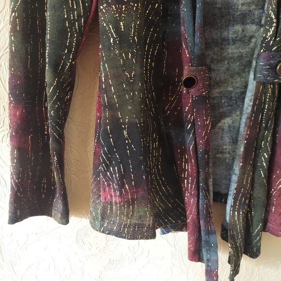 Women's Y2K Gold Textured Knit Open Front Cardigan Green Red Tie Dye Sz Medium - Picture 2 of 10